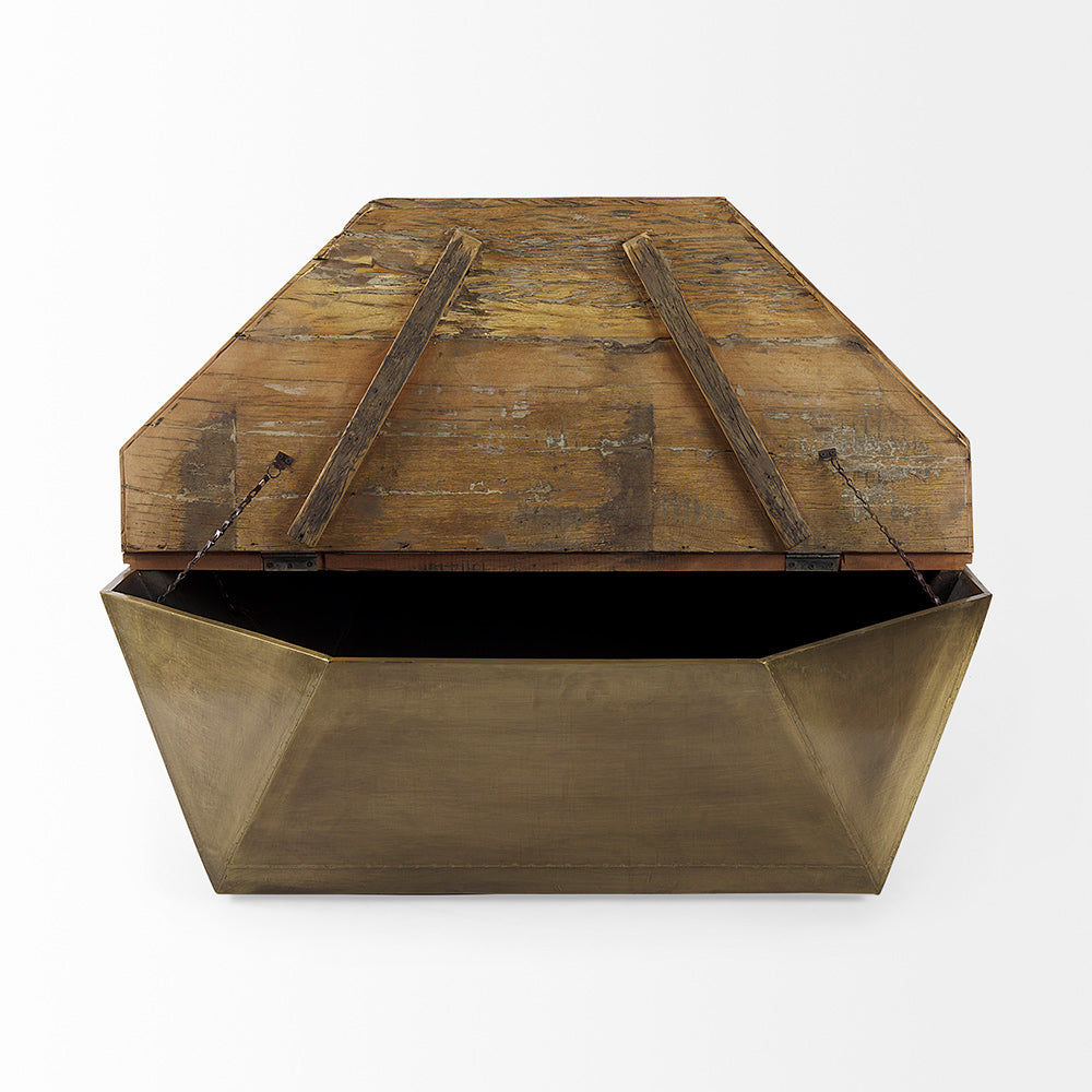 Mercana - Esagono Octagonal Gold Metal-Clad Reclaimed Wood Coffee Table w/ Storage - 67092 view 3