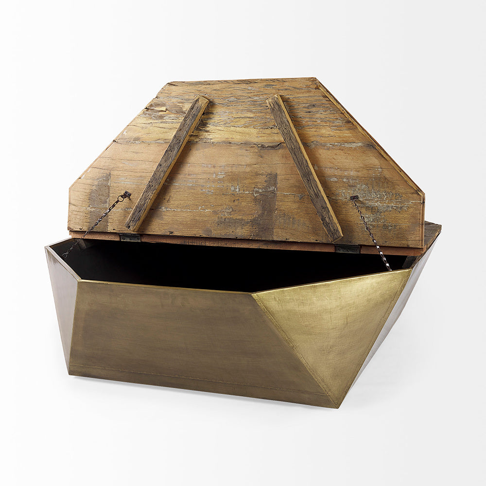 Mercana - Esagono Octagonal Gold Metal-Clad Reclaimed Wood Coffee Table w/ Storage - 67092 view 6