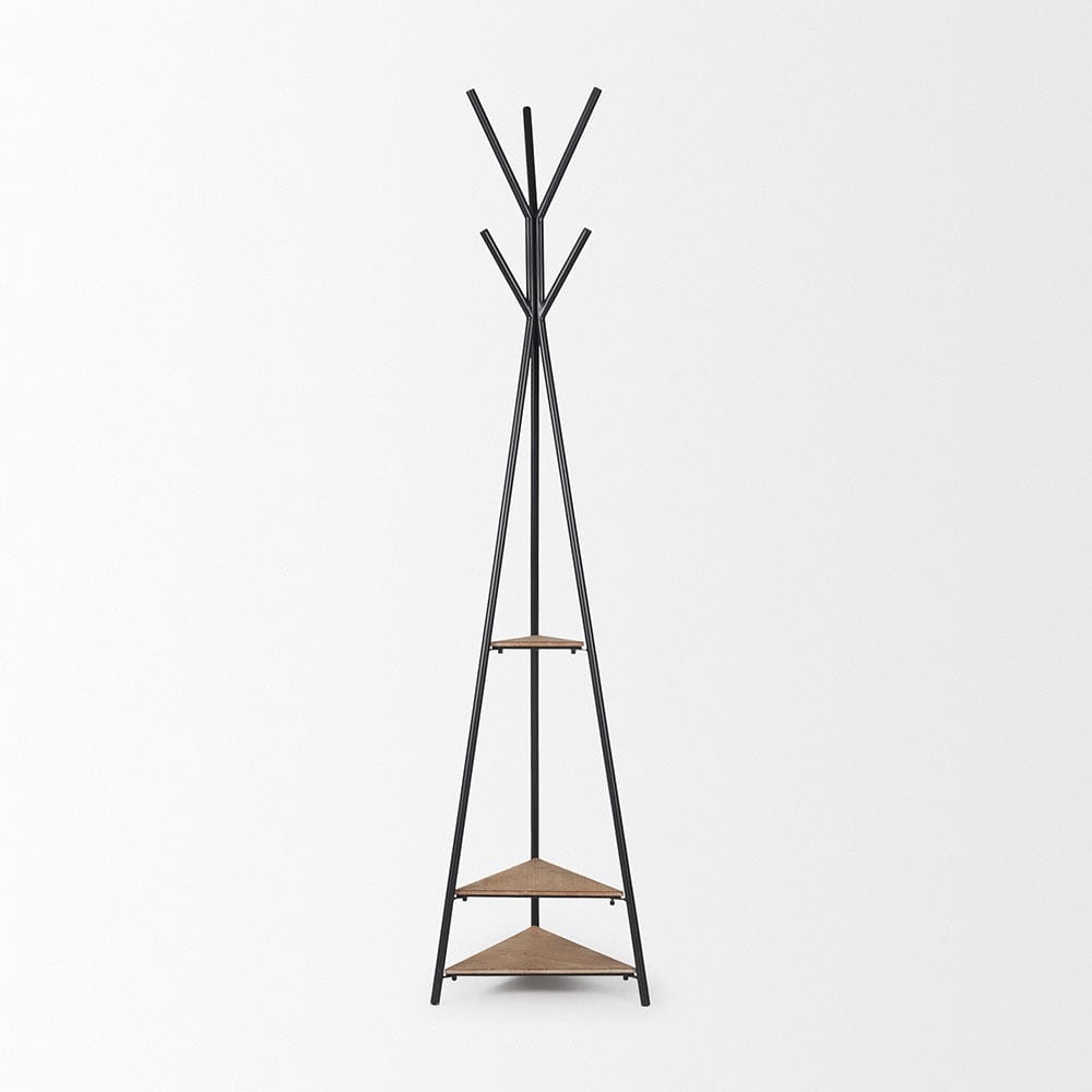 Mercana - Everett Matte Black Metal w/ Two Wood Shelves Coat Rack - 70523 view 2