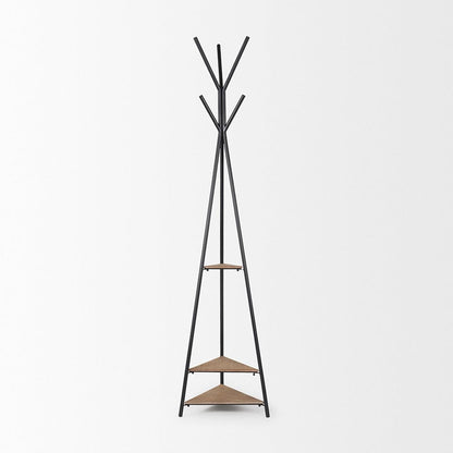 Mercana - Everett Matte Black Metal w/ Two Wood Shelves Coat Rack - 70523 view 2