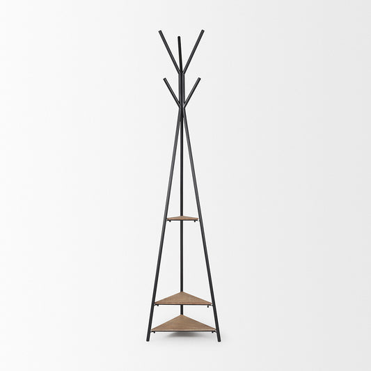 Mercana - Everett Matte Black Metal w/ Two Wood Shelves Coat Rack - 70523 view 2