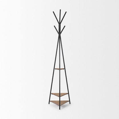 Mercana - Everett Matte Black Metal w/ Two Wood Shelves Coat Rack - 70523 view 3