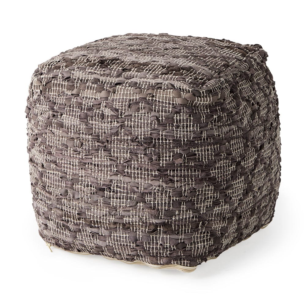 Mercana - Falguni 16.0L x 16.0W x 16.0H Gray Leather and Cotton Patterned Pouf - 69521_CLOSEOUT view 1