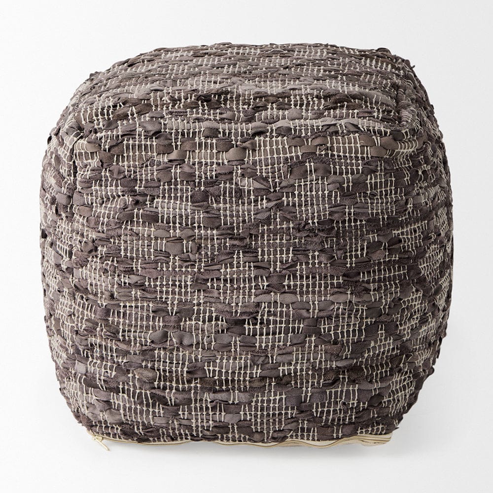 Mercana - Falguni 16.0L x 16.0W x 16.0H Gray Leather and Cotton Patterned Pouf - 69521_CLOSEOUT view 2