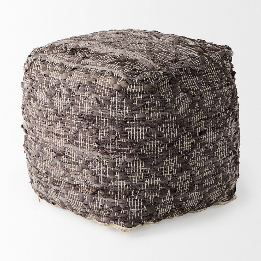 Mercana - Falguni 16.0L x 16.0W x 16.0H Gray Leather and Cotton Patterned Pouf - 69521_CLOSEOUT view 3