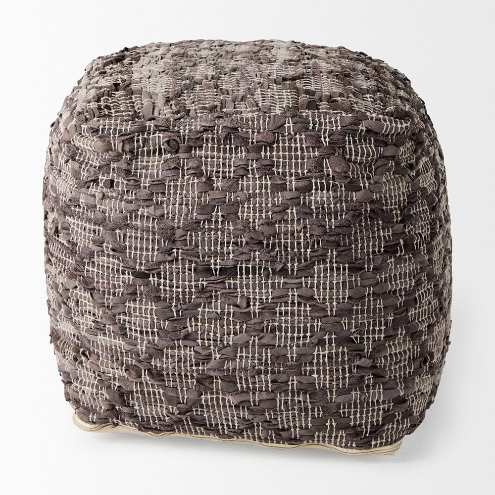 Mercana - Falguni 16.0L x 16.0W x 16.0H Gray Leather and Cotton Patterned Pouf - 69521_CLOSEOUT view 4