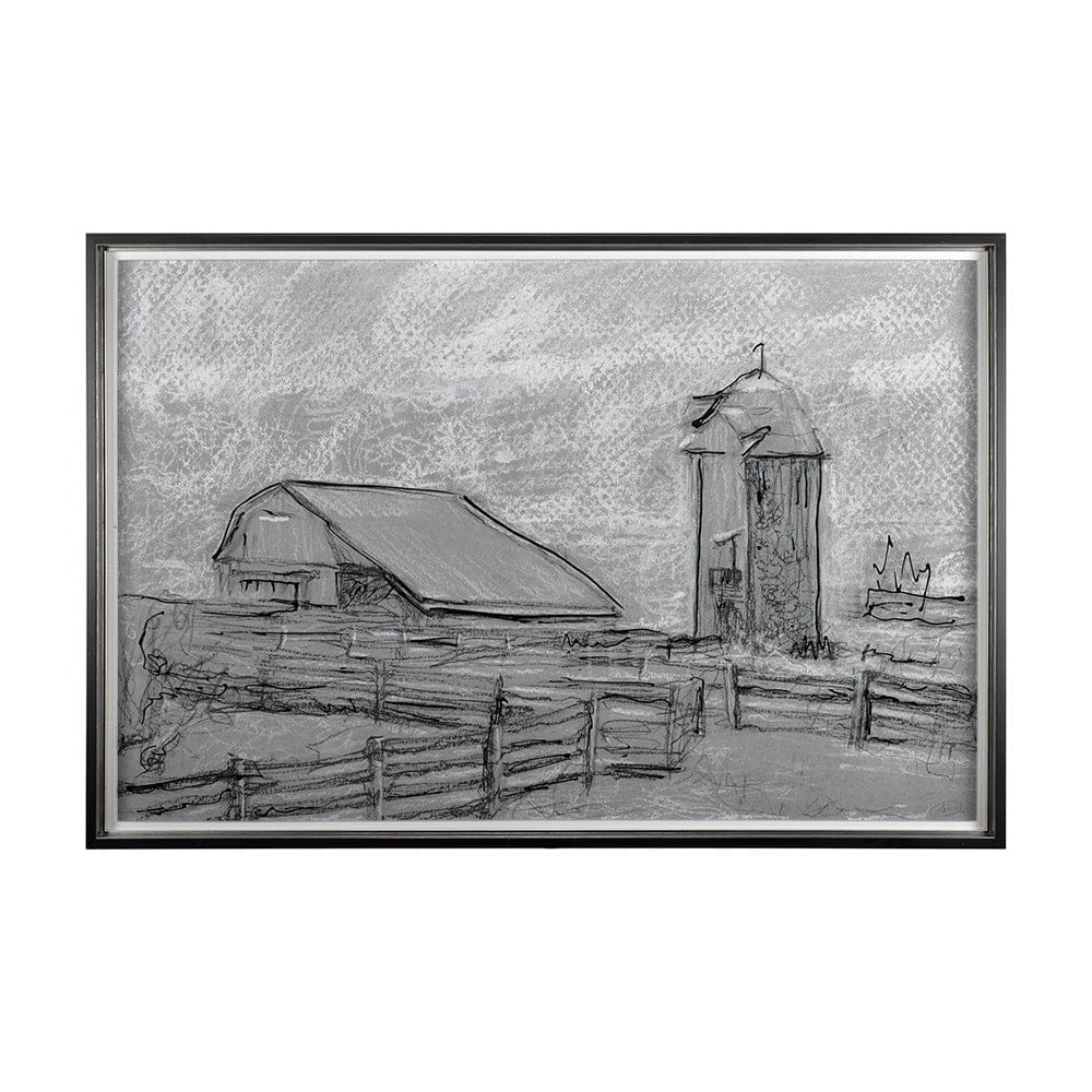 Mercana - Farm view sketch II by Mercana Studio Hand Embellished Textured Framed Art Print Matted under Glass - 14532 view 1