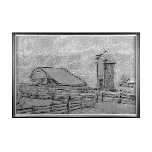 Mercana - Farm view sketch II by Mercana Studio Hand Embellished Textured Framed Art Print Matted under Glass - 14532 view 1