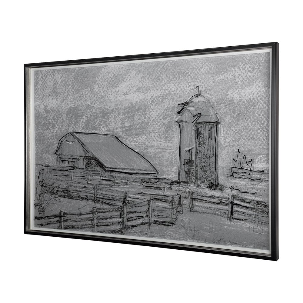 Mercana - Farm view sketch II by Mercana Studio Hand Embellished Textured Framed Art Print Matted under Glass - 14532 view 2