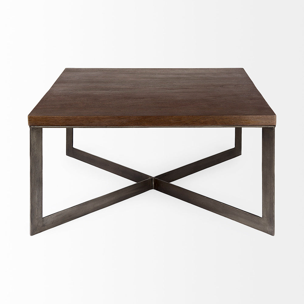 Mercana - Faye 34L x 34W x 17H Medium Brown Wood W/Antique Nickel Metal Base Square Coffee Table - 69181 view 2