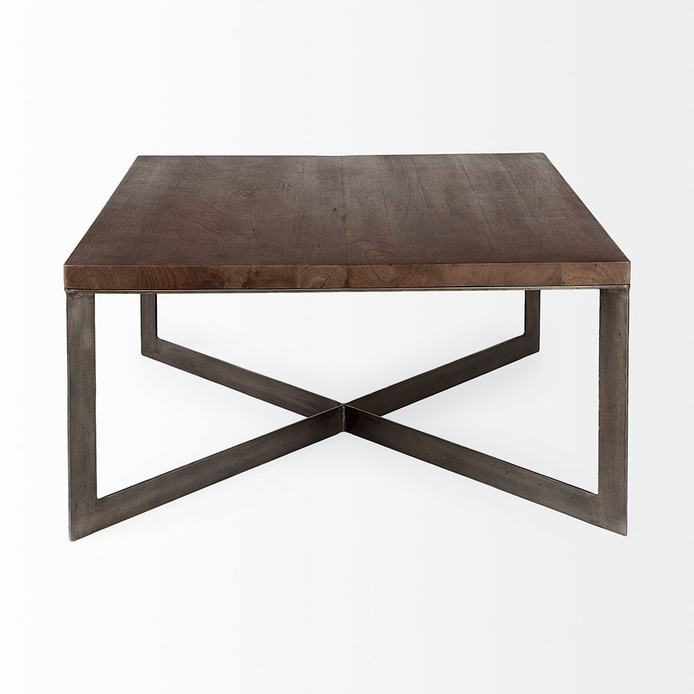 Mercana - Faye 34L x 34W x 17H Medium Brown Wood W/Antique Nickel Metal Base Square Coffee Table - 69181 view 3
