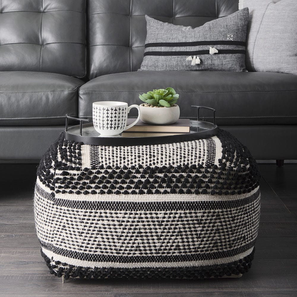 Mercana - Garima 22.0L x 22.0W x 14.0H Black/White Wool and Cotton Patterned Pouf - 69524_CLOSEOUT view 11