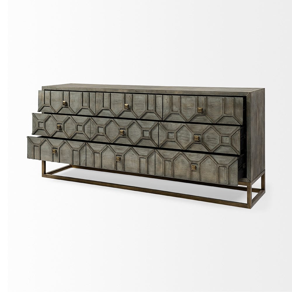 Mercana - Genevieve II 70x15.8 Gray Fir Veneer W/Gold Metal Frame Base 9 Drawer Sideboard - 68116_CLOSEOUT view 4