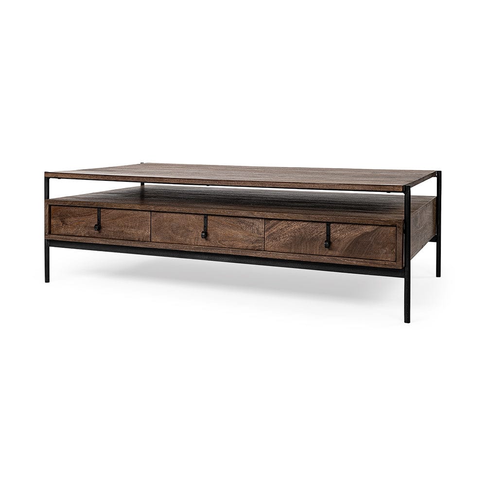Mercana - Glenn II 54x30 Dark Brown Wood w/ Black Iron Frame, Rectangle 3 Drawers Coffee Table - 69016 view 1
