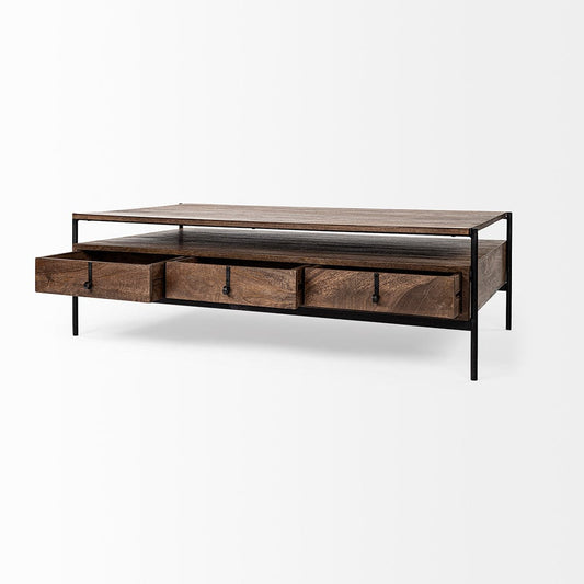 Mercana - Glenn II 54x30 Dark Brown Wood w/ Black Iron Frame, Rectangle 3 Drawers Coffee Table - 69016 view 2