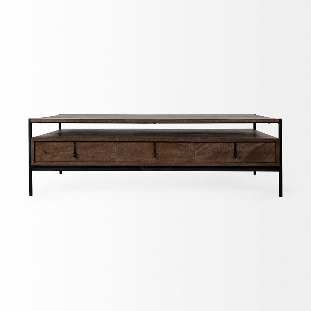 Mercana - Glenn II 54x30 Dark Brown Wood w/ Black Iron Frame, Rectangle 3 Drawers Coffee Table - 69016 view 7