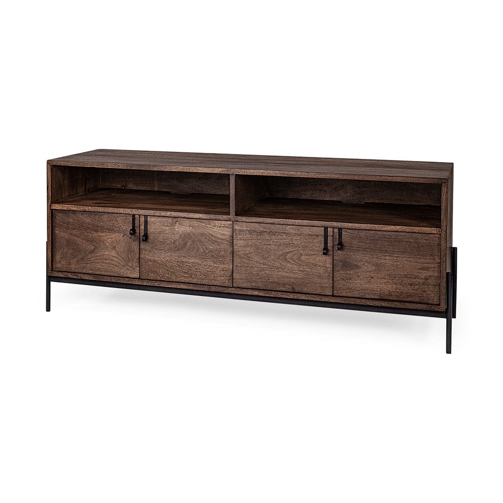 Mercana - Glenn IV Dark Brown Wood w/ Black Iron Frame Media Console w/ Storage, TV Stand for TV up to 71