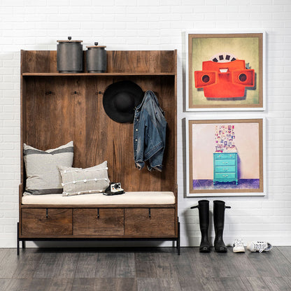 Mercana - Glenn V 56L x 17W Dark Brown Wood w/ Cream Fabric Seat, 3 Drawers Hall Tree - 69019 view 3