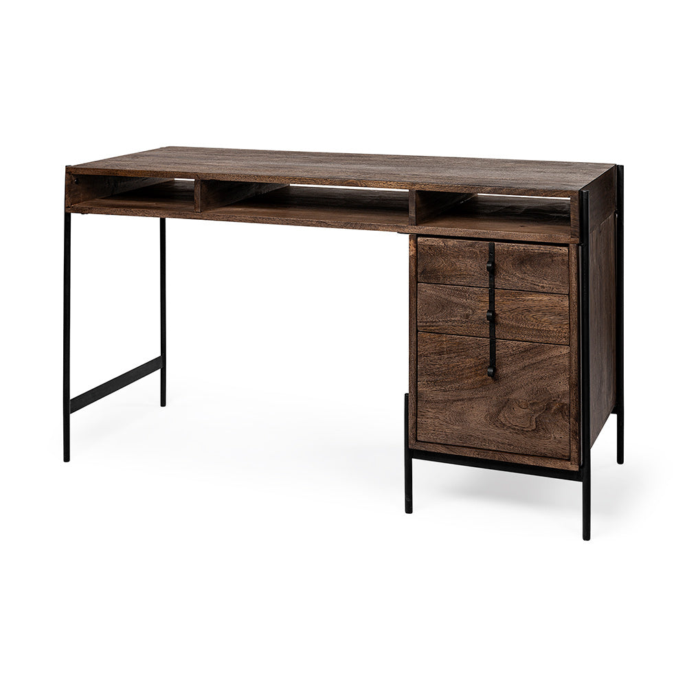 Mercana - Glenn VII 56L x 22W Dark Brown Wood w/ Black Iron Frame, 3 Drawer Office Desk - 69021 view 1
