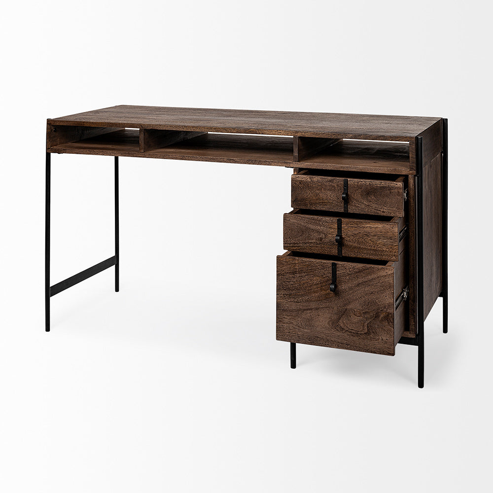 Mercana - Glenn VII 56L x 22W Dark Brown Wood w/ Black Iron Frame, 3 Drawer Office Desk - 69021 view 2