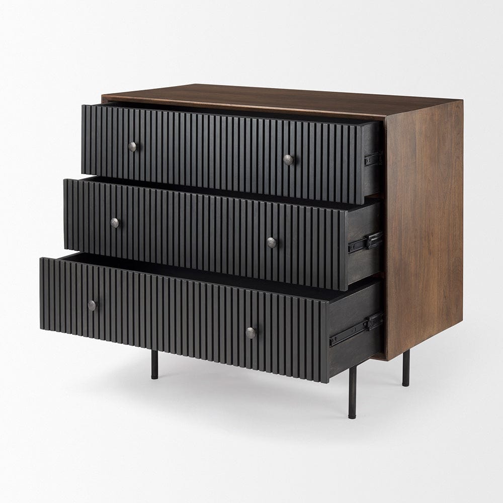 Mercana - Grace 35.5L x 18.0W x 31.0H Medium Brown Wood W/Black Metal Frame 3 Drawer Accent Cabinet - 69755 view 6