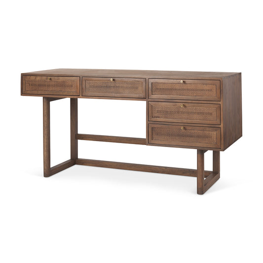 Mercana - Grier 60.0L x 22.75W x 30.5H Medium Brown Solid Wood W/Cane Office Desk - 69898 view 1