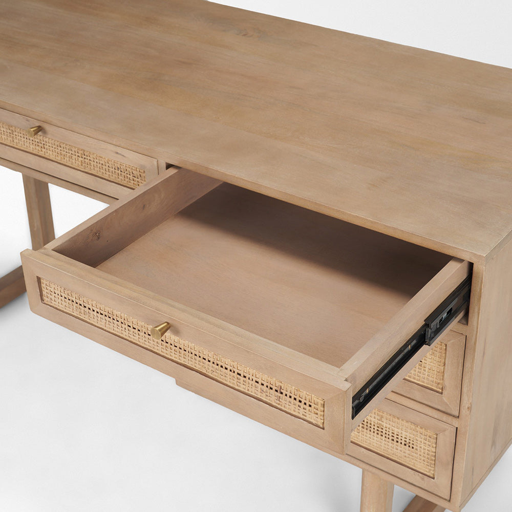 Mercana - Grier 62.0L x 22.0W x 30.0H Light Brown Solid Wood W/Cane Office Desk - 69899 view 9