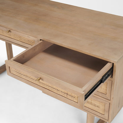 Mercana - Grier 62.0L x 22.0W x 30.0H Light Brown Solid Wood W/Cane Office Desk - 69899 view 9