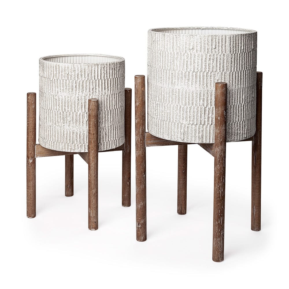 Mercana - Groot Set of Two 11.8 x 23 Eggshell Ceramic Wooden Base Plant Stands - 68817 view 1