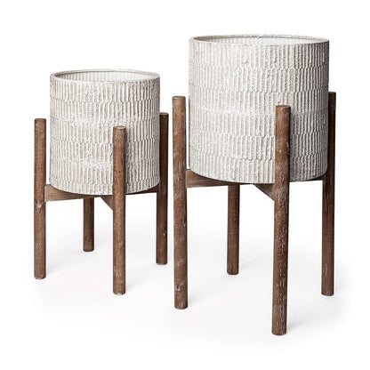Mercana - Groot Set of Two 11.8 x 23 Eggshell Ceramic Wooden Base Plant Stands - 68817 view 1