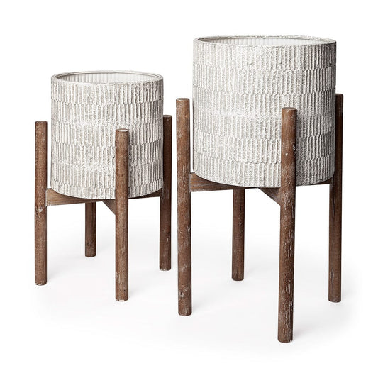 Mercana - Groot Set of Two 11.8 x 23 Eggshell Ceramic Wooden Base Plant Stands - 68817 view 1