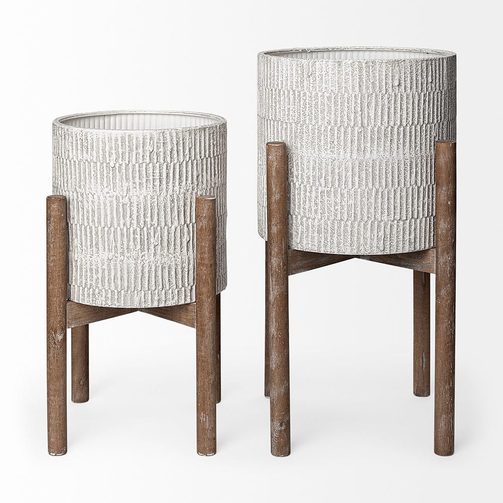 Mercana - Groot Set of Two 11.8 x 23 Eggshell Ceramic Wooden Base Plant Stands - 68817 view 2