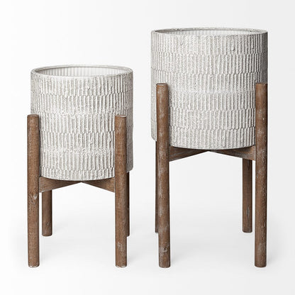 Mercana - Groot Set of Two 11.8 x 23 Eggshell Ceramic Wooden Base Plant Stands - 68817 view 2