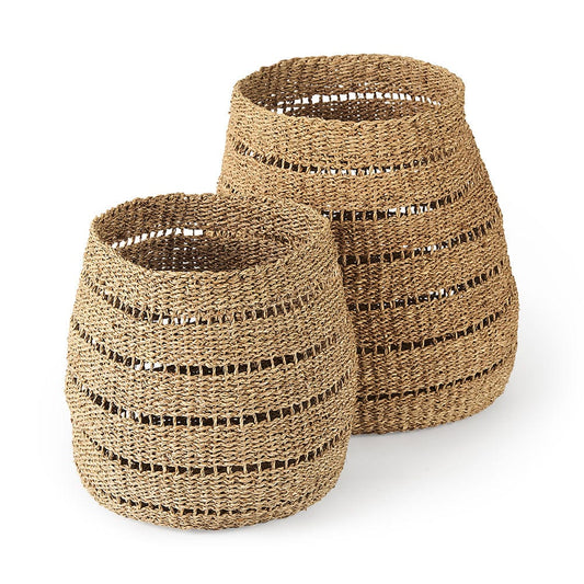 Mercana - Hayes 17.7L x 17.7W x 11.8H Medium Brown Seagrass Round Basket with Stripe Pattern (Set of 2) - 69589 view 1