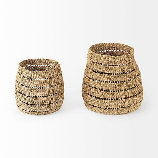 Mercana - Hayes 17.7L x 17.7W x 11.8H Medium Brown Seagrass Round Basket with Stripe Pattern (Set of 2) - 69589 view 2
