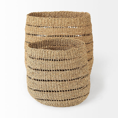 Mercana - Hayes 17.7L x 17.7W x 11.8H Medium Brown Seagrass Round Basket with Stripe Pattern (Set of 2) - 69589 view 3