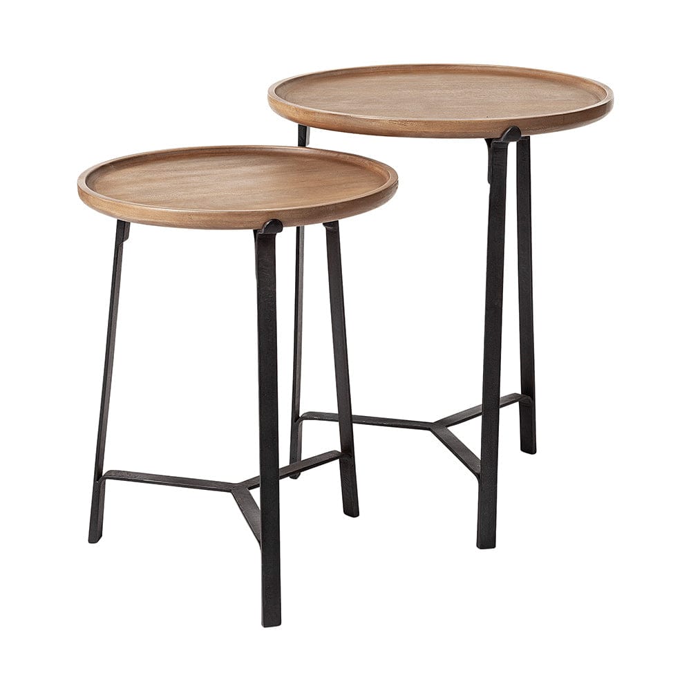 Mercana - Helios III 20L x 24H Set of Two Round Brown Solid Wood Iron Base Nesting End/Side Tables - 69014 view 1