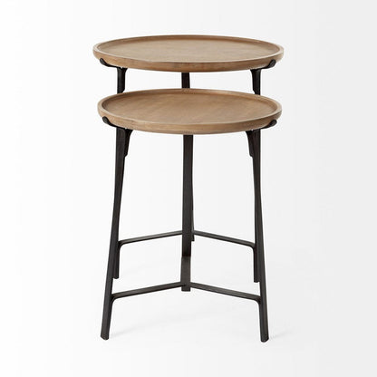 Mercana - Helios III 20L x 24H Set of Two Round Brown Solid Wood Iron Base Nesting End/Side Tables - 69014 view 4