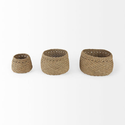 Mercana - Jarek 15.0L x 15.0W x 11.8H Medium Brown Seagrass Basket Cross Weave Round Basket (Set of 3) - 69598 view 2