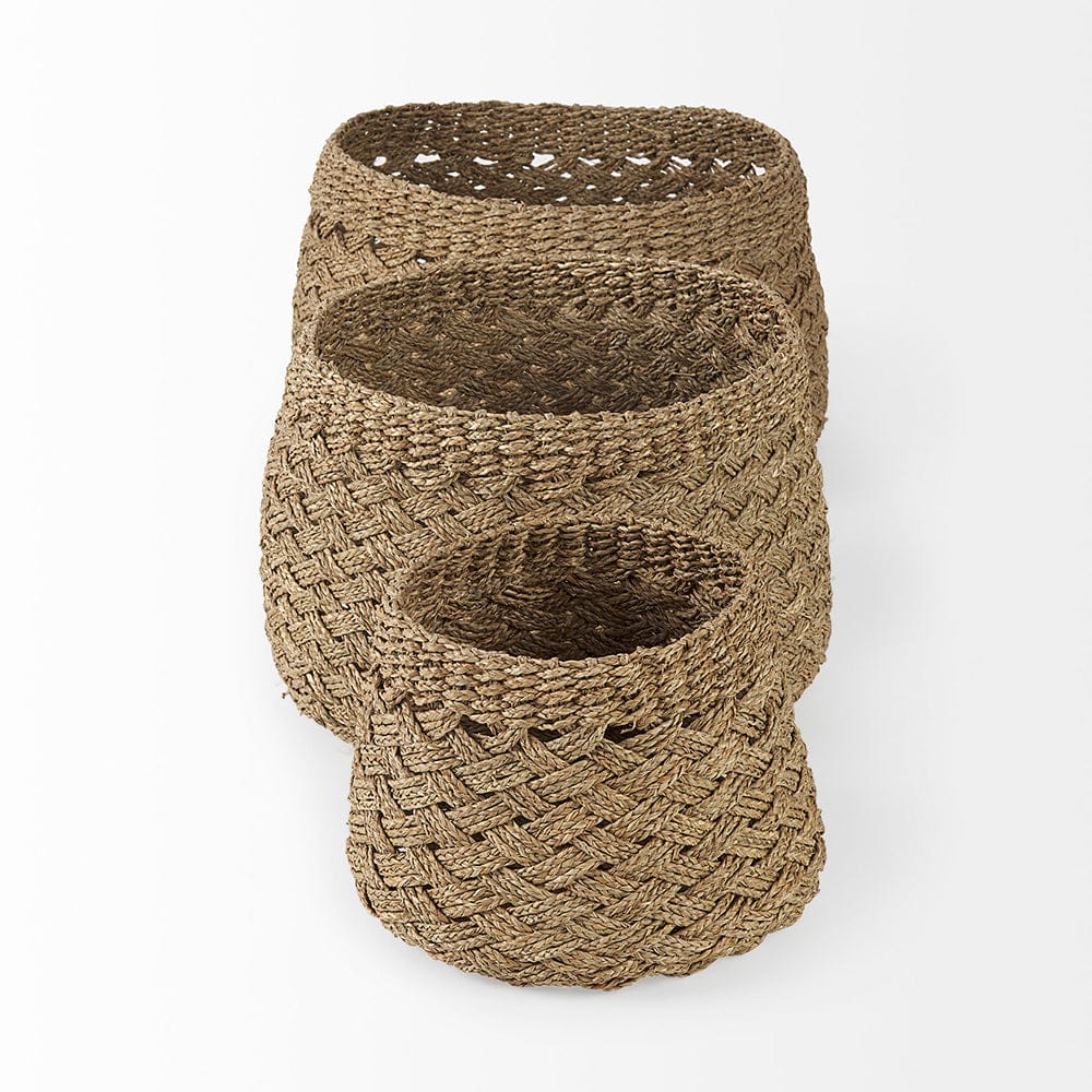 Mercana - Jarek 15.0L x 15.0W x 11.8H Medium Brown Seagrass Basket Cross Weave Round Basket (Set of 3) - 69598 view 3