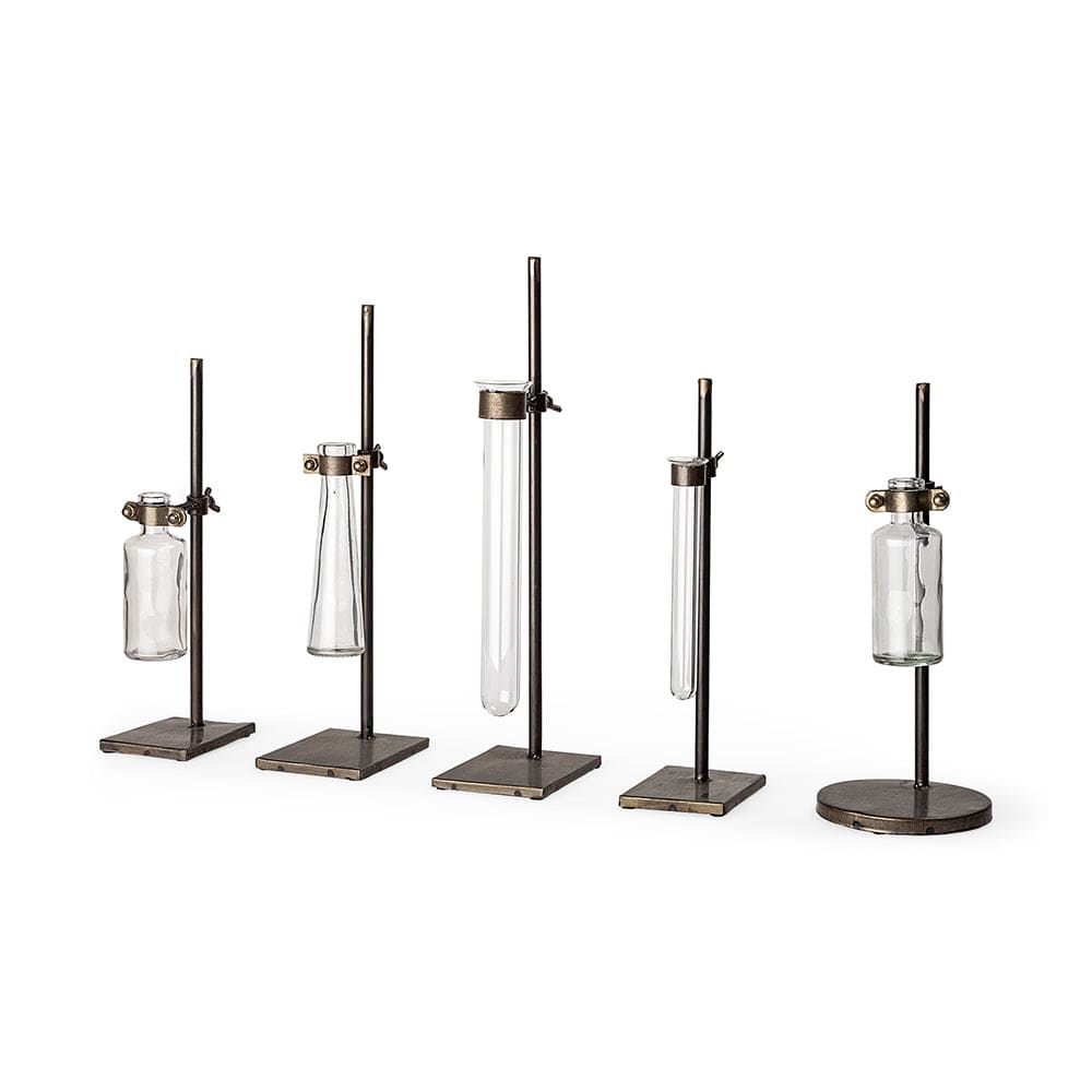 Mercana - Jarvis Set of Five Dark Brown Metal and Glass Chemistry Inspired Bottles - 57878 view 1
