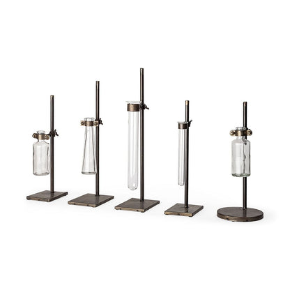 Mercana - Jarvis Set of Five Dark Brown Metal and Glass Chemistry Inspired Bottles - 57878 view 1