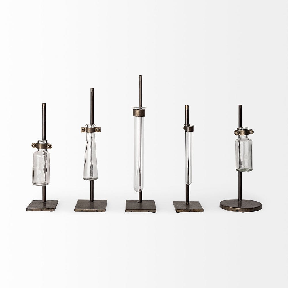 Mercana - Jarvis Set of Five Dark Brown Metal and Glass Chemistry Inspired Bottles - 57878 view 4