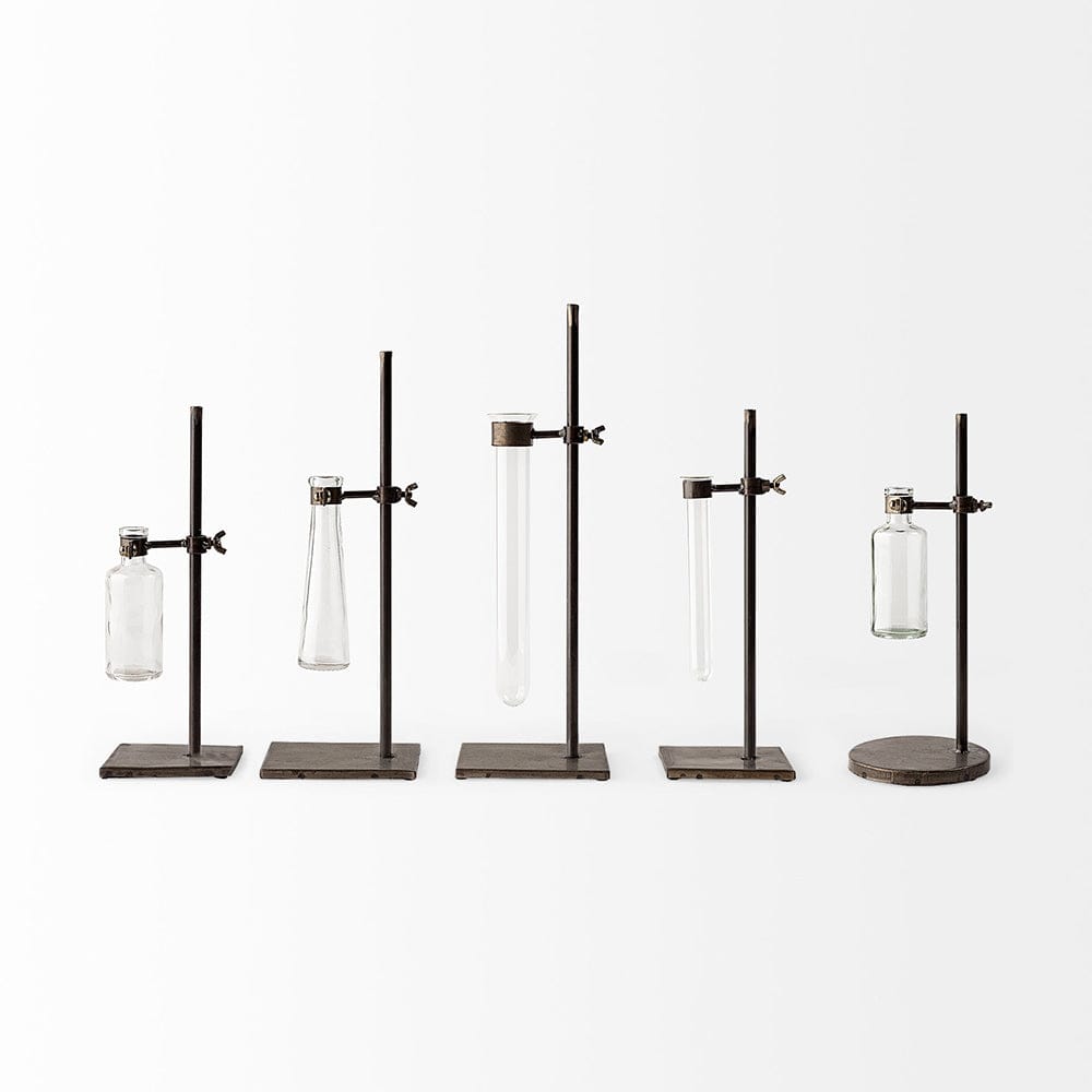 Mercana - Jarvis Set of Five Dark Brown Metal and Glass Chemistry Inspired Bottles - 57878 view 5