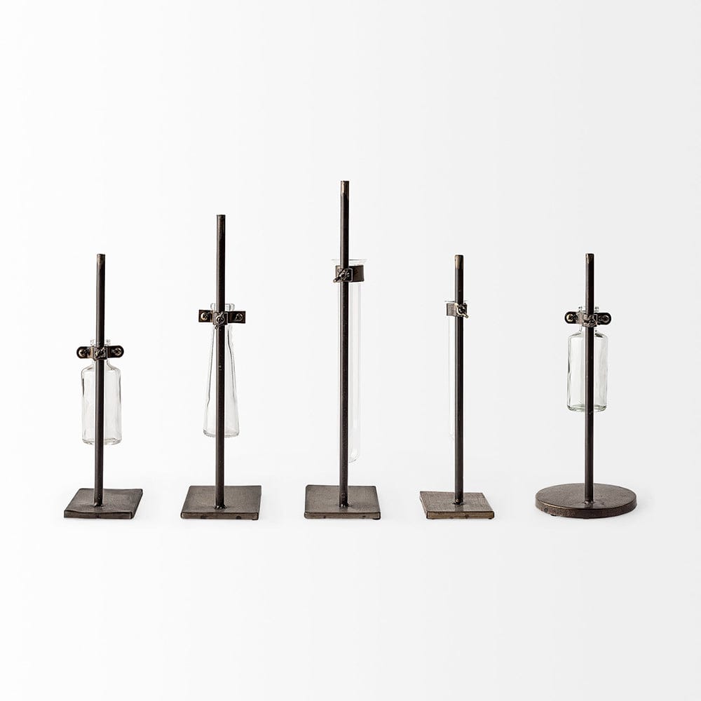 Mercana - Jarvis Set of Five Dark Brown Metal and Glass Chemistry Inspired Bottles - 57878 view 6