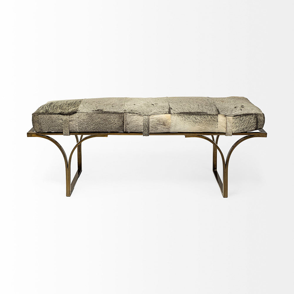 Mercana - Jessie 55L x 16W White/Gray Hair-On-Hide Seat W/Gold Metal Base Accent Bench - 69060 view 3