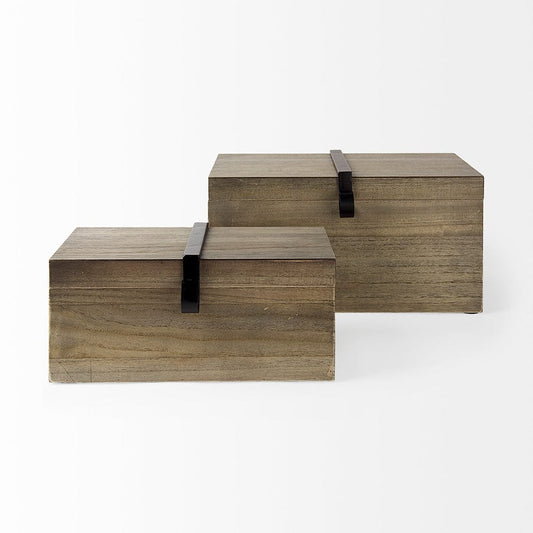 Mercana - Josh 15.9L x 11.6W x 8.3H Set Of Two Light Brown Wood W/ Metal Detail Boxes - 69526 view 2