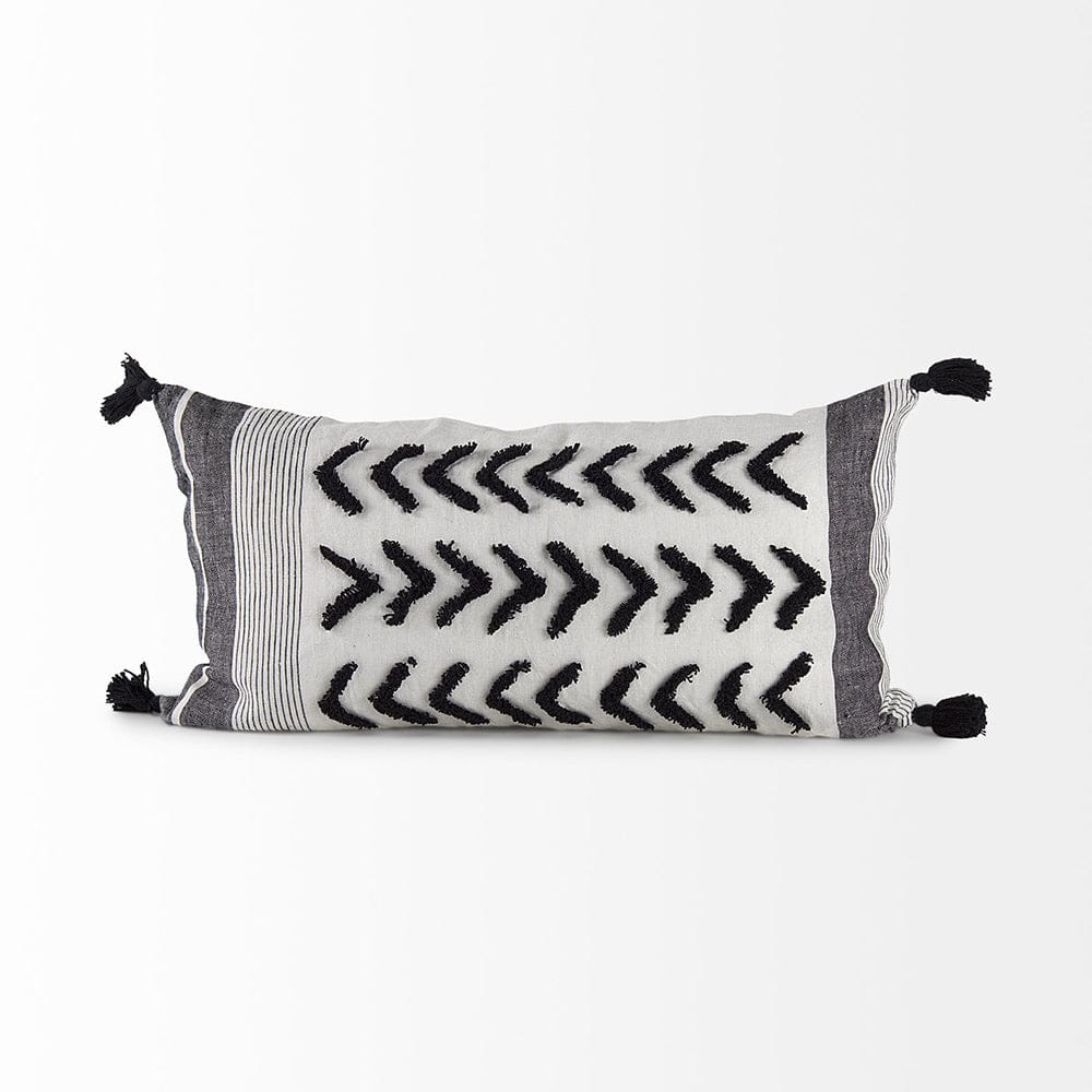 Mercana - Kimia 14L x 26W White and Black Fabric Herringbone and Fringed Decorative Pillow Cover - 69438 view 2