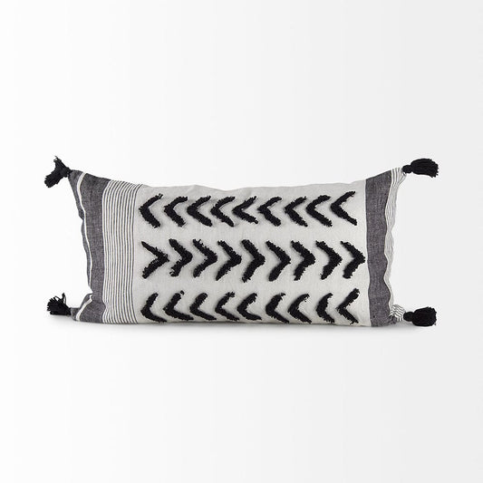 Mercana - Kimia 14L x 26W White and Black Fabric Herringbone and Fringed Decorative Pillow Cover - 69438 view 2