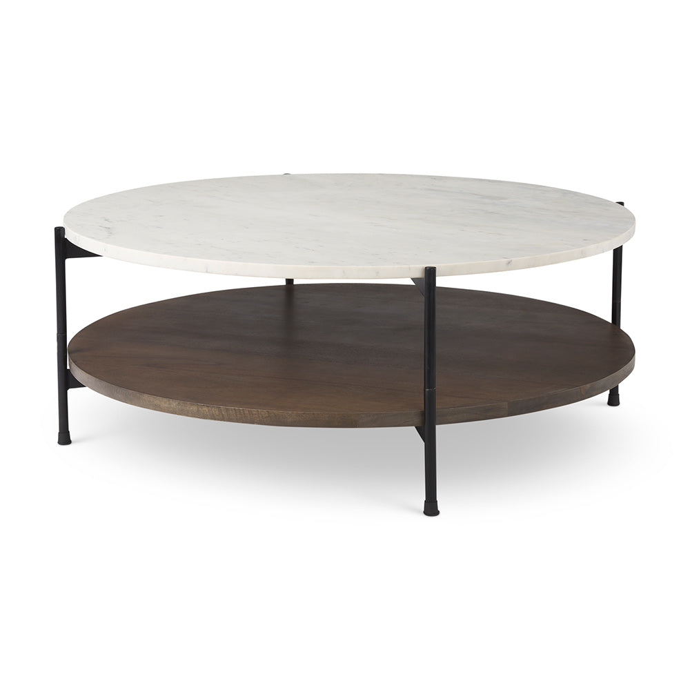 Mercana - Larkin 42" Round Two-Tier White Marble Top and Solid Wood Shelf w/ Black Metal Frame Coffee Table - 69925-AB view 1